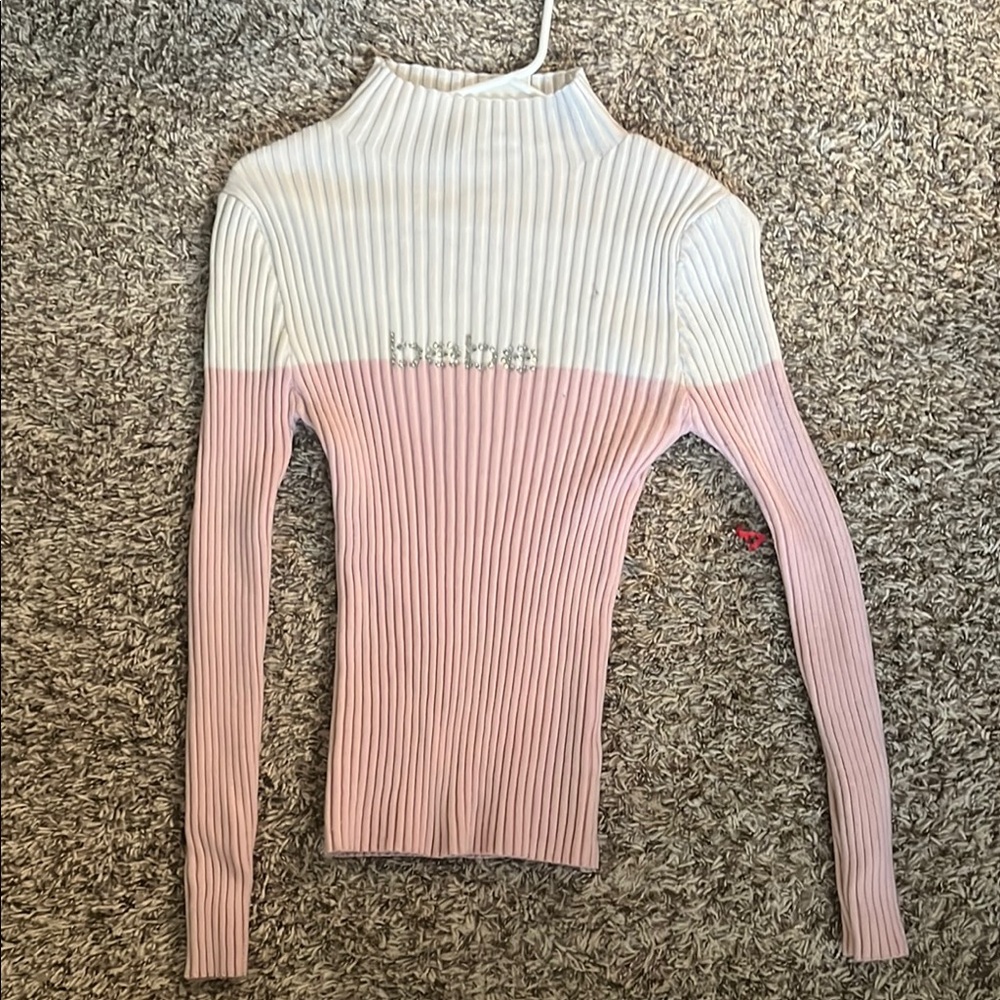 Bebe Pink and White Ribbed Women's Top
